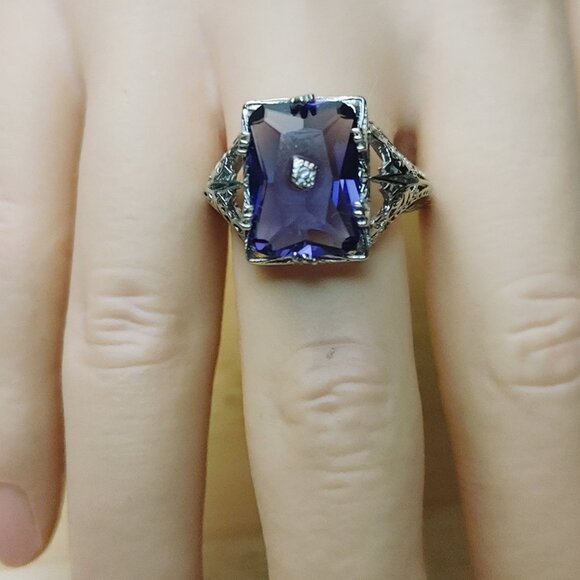 Rainbow Fluorite Filigree Cocktail Ring Size 9.5 Art Deco 925 Sterling Silver - Picture 6 of 16